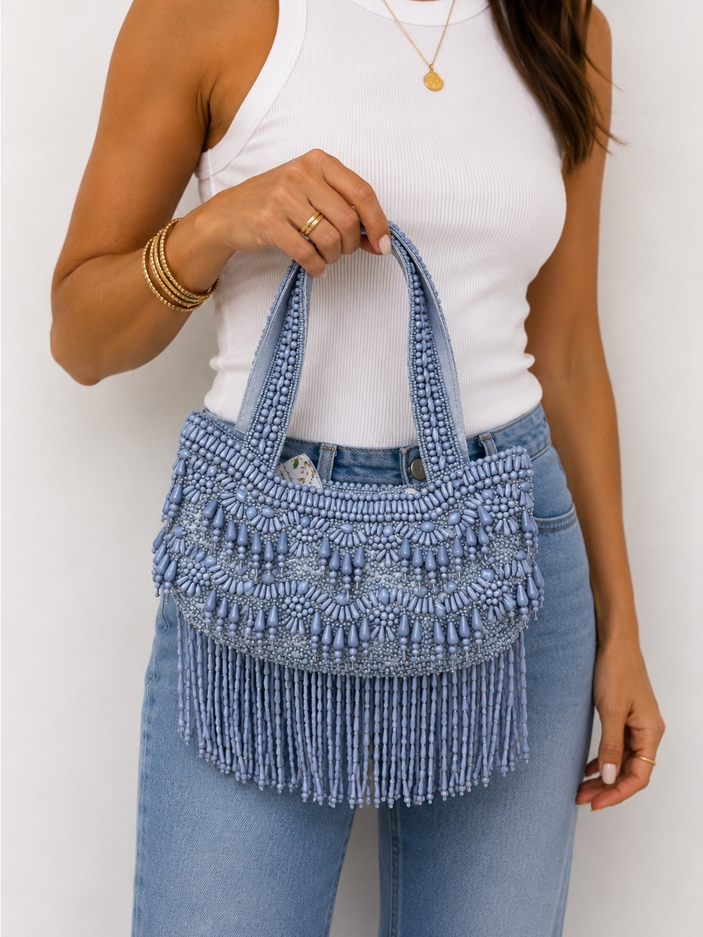 Hand-Beaded Fringe Mini Bag in Light Blue